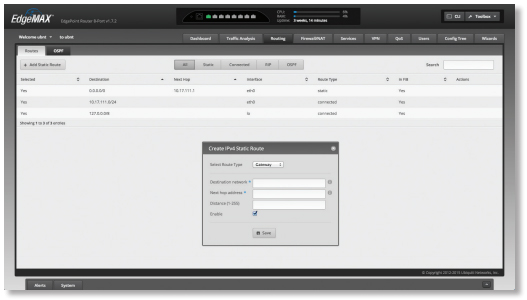 For the EP-R8, the Routing > Routes screen displays static, connected, RIP, and/or OSFP routes. You can add static routes on this screen.